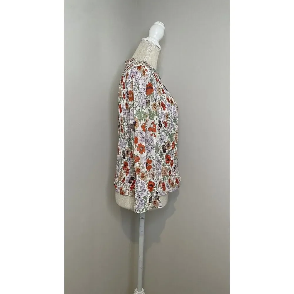 Veronica Beard Kali Top Multicolor Floral Print Smocked Spring Designer Size 10 - Picture 2 of 12